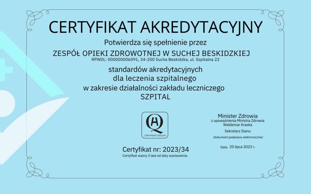 Kolejna akredytacja Centrum Monitorowania Jakości w Ochronie Zdrowia nadana przez Ministra Zdrowia