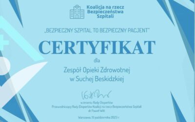 Certyfikat „Bezpieczny Szpital to Bezpieczny Pacjent”.